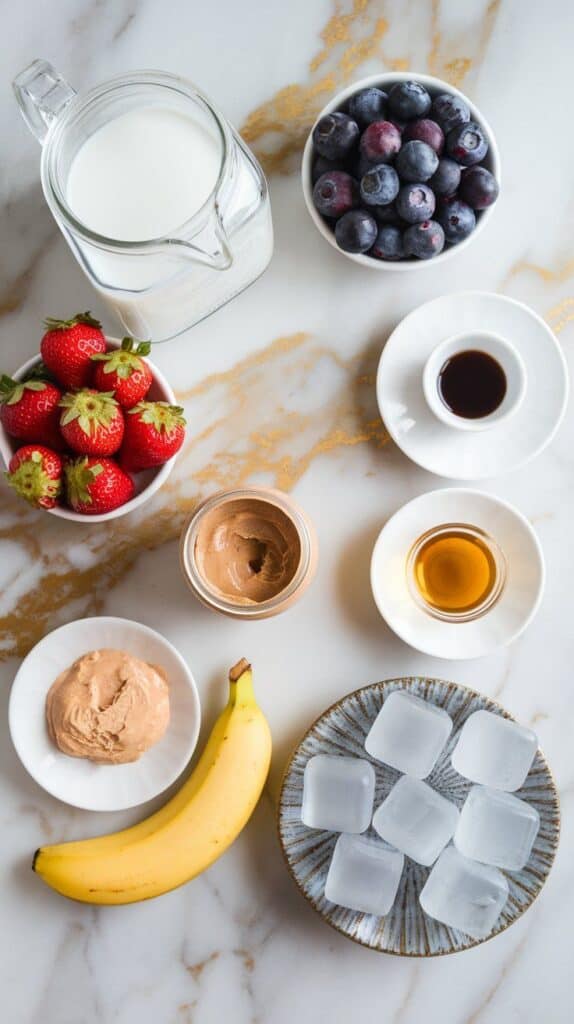 all smoothie ingredients: 1 cup almond milk in a clear measuring cup, 1/2 cup frozen strawberries and 1/2 cup frozen blueberries in small glass bowls, one ripe banana sliced on a plate, 2 tablespoons creamy peanut butter in a small bowl, 1 scoop vanilla protein powder on a spoon, 1/2 teaspoon vanilla extract in a tiny glass bottle, 1 tablespoon honey in a spoon, and a handful of ice cubes in a ramekin