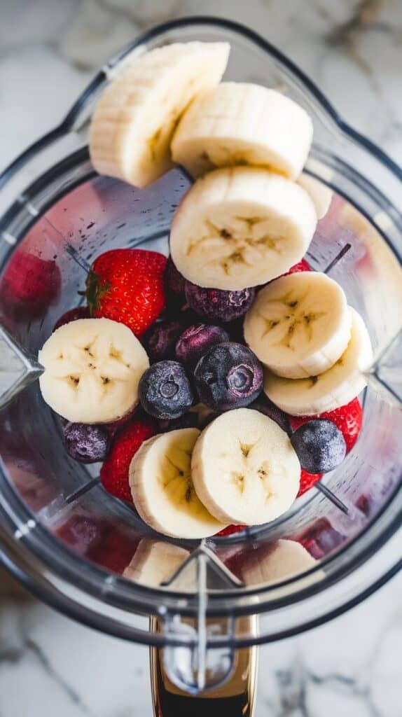 sliced ripe banana being dropped into the blender, soft and slightly glossy banana slices falling mid-air into the blender jar, white marble counters with hints of gold, with all-natural lighting