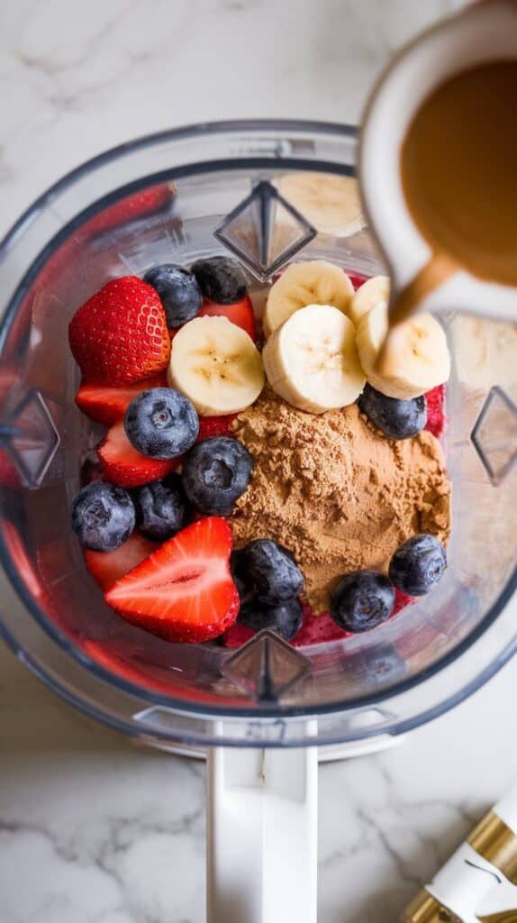 1 scoop vanilla protein powder and 1/2 teaspoon vanilla extract being added to the blender, powder slightly fluffy, vanilla glistening