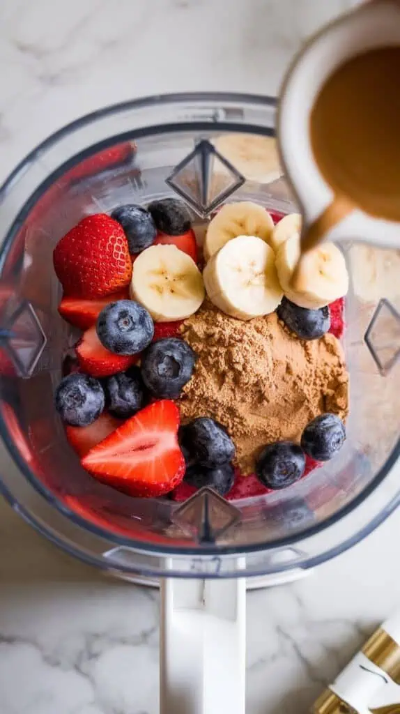 1 scoop vanilla protein powder and 1/2 teaspoon vanilla extract being added to the blender, powder slightly fluffy, vanilla glistening