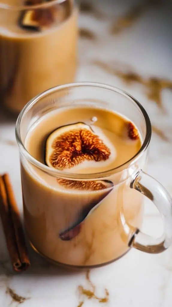 a clear glass mug filled with fig vanilla milk tea, golden brown in color with a creamy layer on top and a few fig specks visible