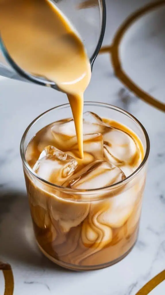  fig vanilla milk tea being poured over clear ice cubes in a glass, creating creamy swirls in the golden tea. 