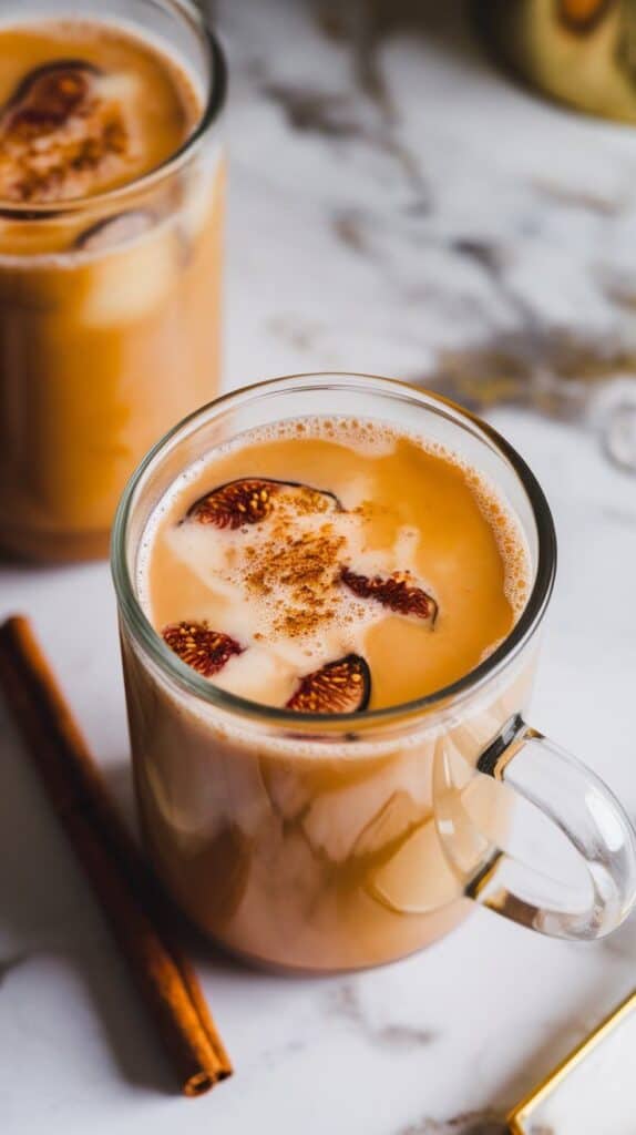 Fig Vanilla Milk Tea – Dried figs simmered into black tea, strained, and mixed with vanilla milk.
