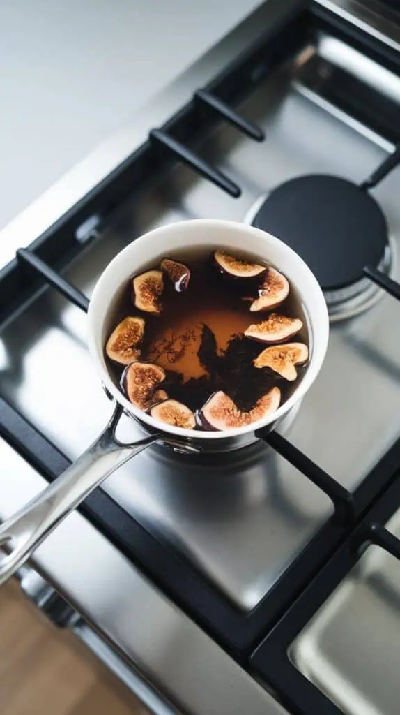 chopped dried figs and black tea steeping in simmering water in a small saucepan, dark tea color developing and figs softening