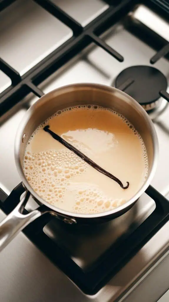 milk and vanilla being gently heated in a saucepan, tiny bubbles forming at the edges, with a warm creamy tone