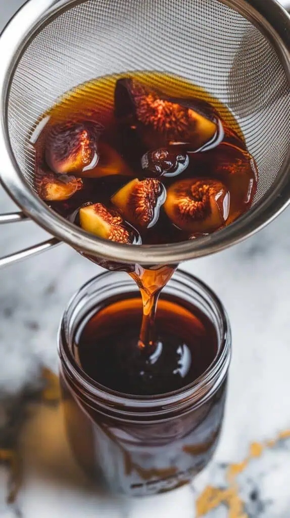 tea and softened figs being strained through a mesh sieve into a clear jar, deep amber liquid dripping through while fig pieces remain