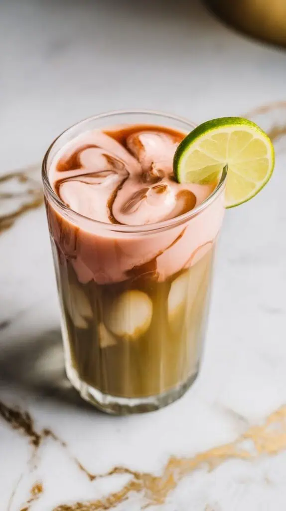 a tall glass filled with pink guava coconut milk tea, creamy swirls forming as it mixes with green tea, topped with ice cubes