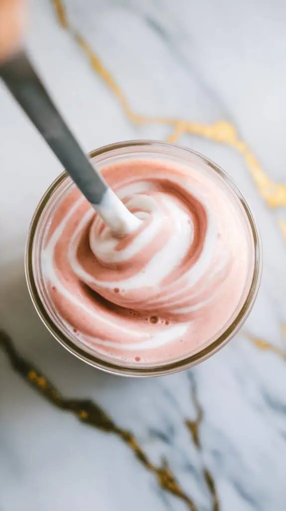 guava juice and coconut milk being stirred together in a clear jar, creating pale pink creamy swirls
