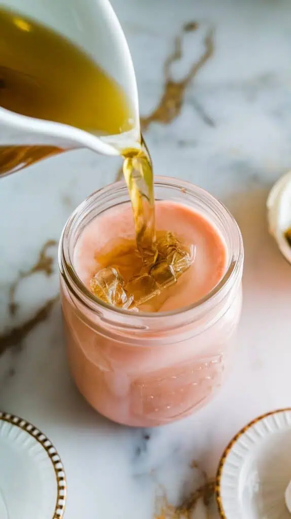 green tea being poured into a pink guava coconut blend in a clear jar, color turning soft peachy pink