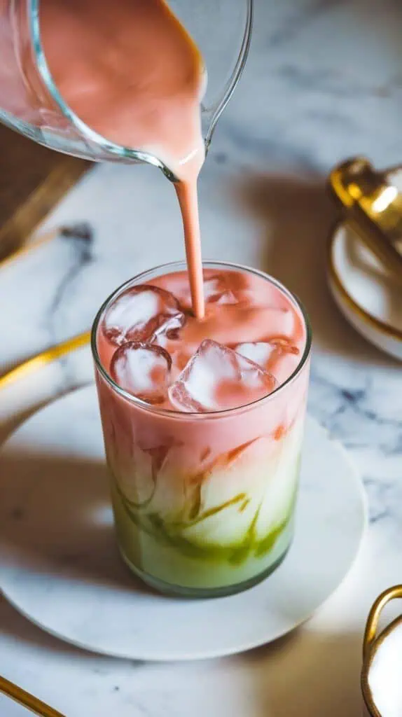 guava coconut milk tea being poured over ice in a tall glass, with creamy pink and green layers blending