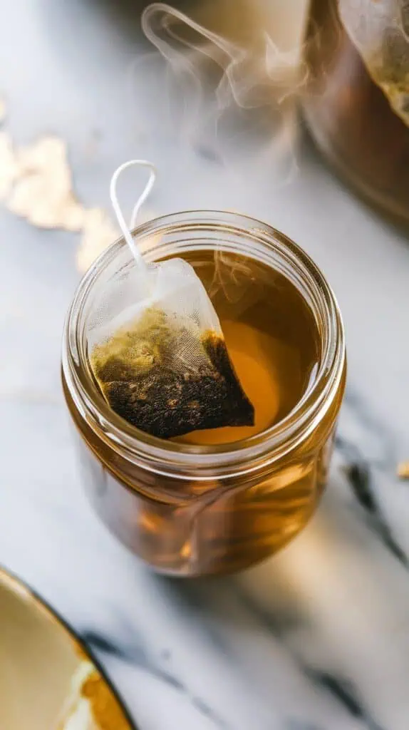 golden-green tea cooling in a clear glass jar, with the tea bag removed and soft steam fading