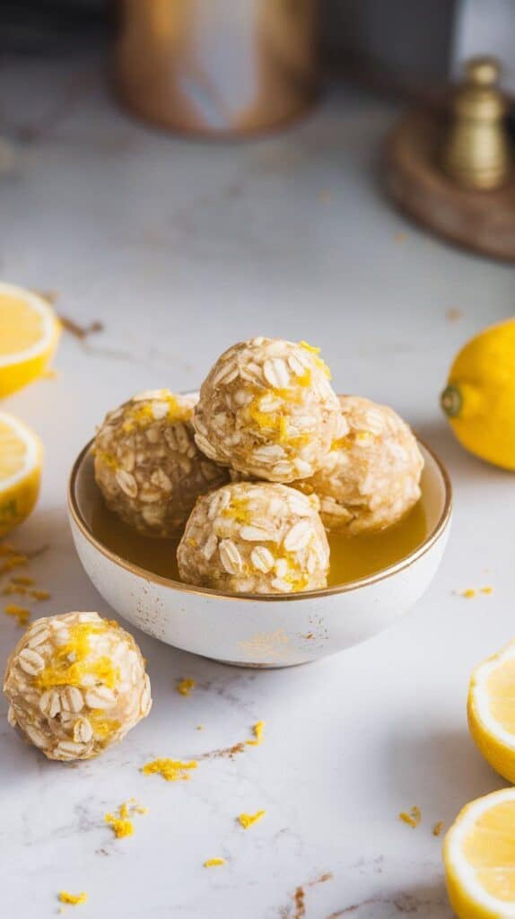 lemon protein balls resting in a single layer on a plate, ready to chill in the fridge