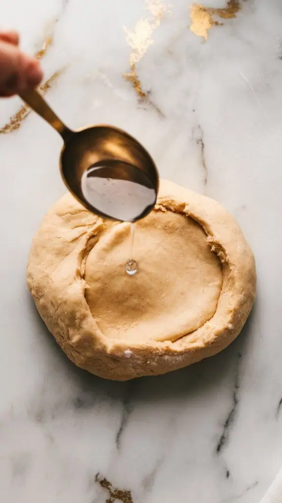 a small spoonful of water being drizzled into the dough, slightly softening the texture