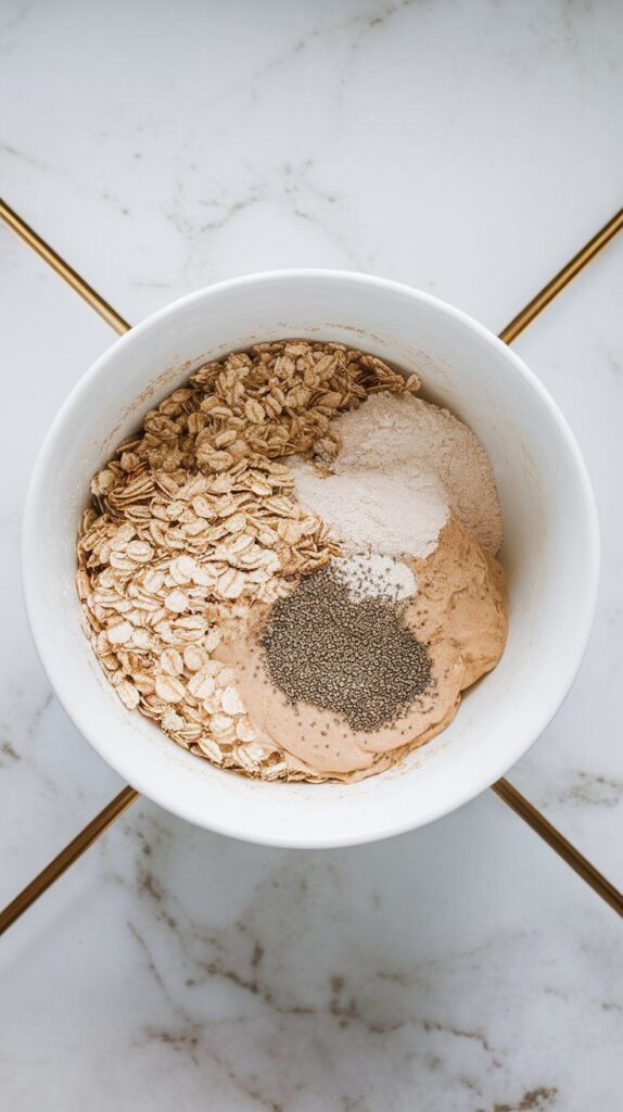  oats, almond flour, protein powder, and poppy seeds mixed together in a white mixing bowl