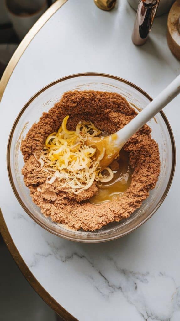 lemon zest, lemon juice, honey, and almond butter being stirred into the dry mixture, forming a thick dough.