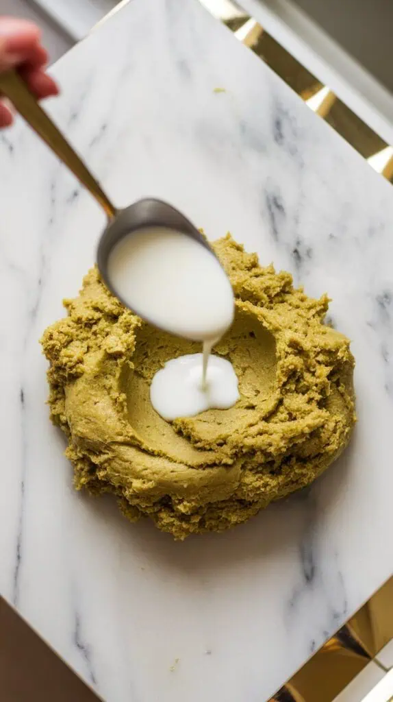spoon drizzling milk into the green dough mixture, softening it to a perfect rolling consistency