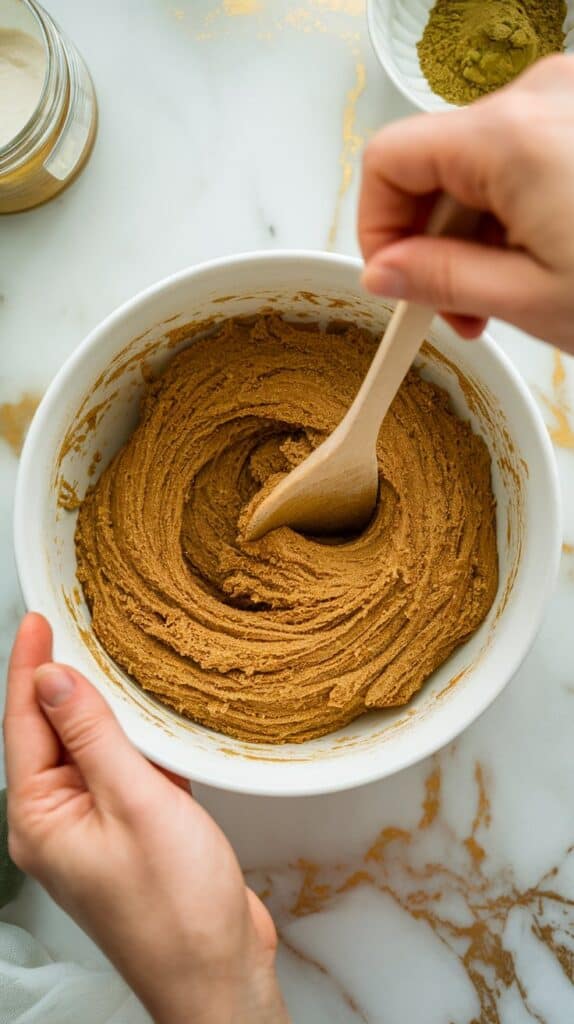 maple syrup, almond butter, and vanilla being stirred into the dry green mixture, forming a thick, sticky dough