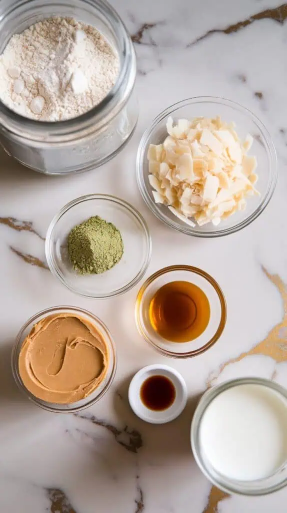 ingredients for matcha coconut protein balls: almond flour in a clear glass jar, vanilla protein powder on a small clear plate, matcha powder in a tiny clear dish, shredded coconut on a small clear plate, maple syrup on a second small clear plate, almond butter on a shallow clear dish, vanilla extract on a small clear plate, and milk in a small clear glass jar.