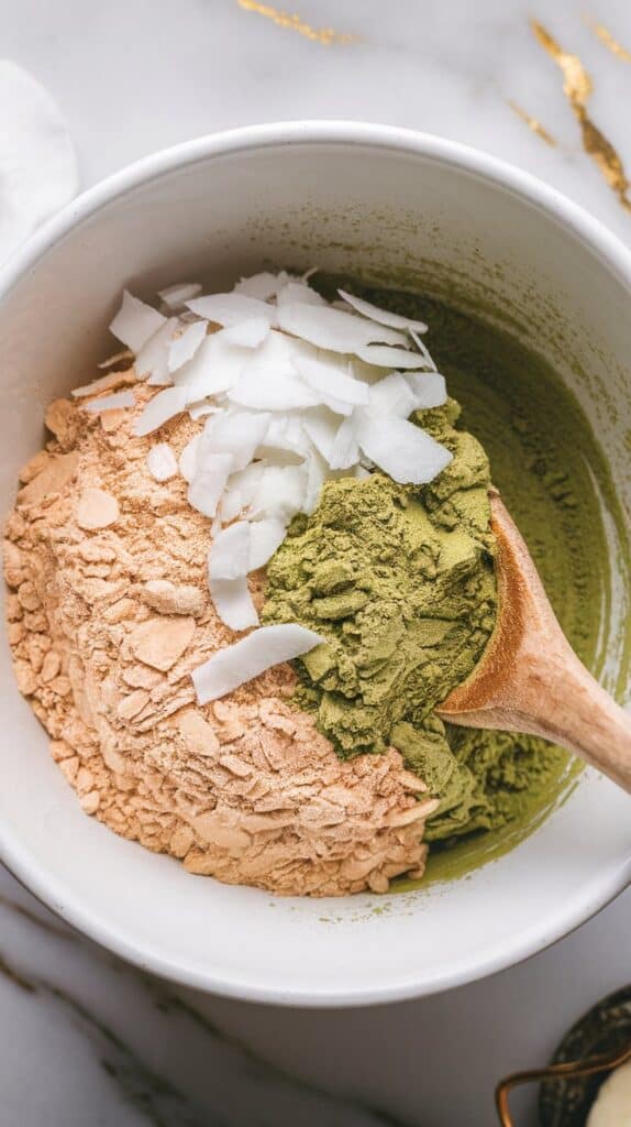 almond flour, protein powder, matcha, and shredded coconut being mixed in a white bowl, matcha giving the mix a light green tint