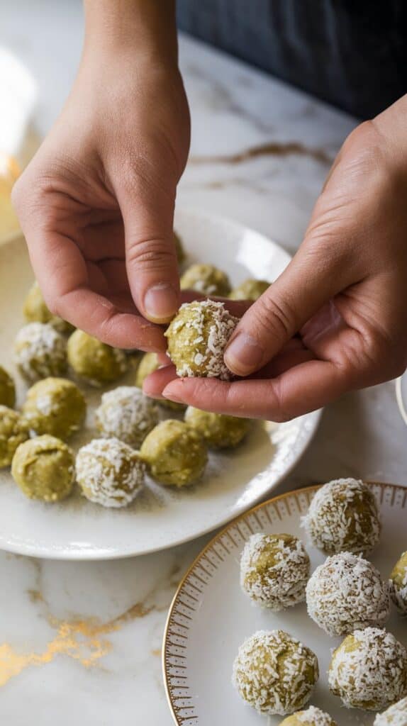 hands rolling the green dough into small balls, with some already coated in coconut on a plate nearby