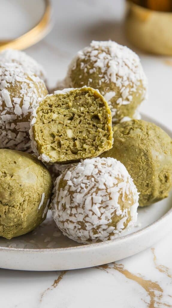 neatly rolled matcha coconut protein balls resting on a plate, a light dusting of coconut over each one, ready to chill