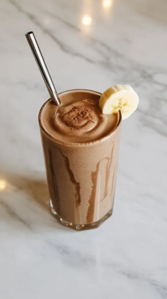  a tall clear glass filled with a thick mocha banana protein smoothie, topped with a dusting of cocoa powder and a banana slice on the rim, with a metal straw resting in the smoothie