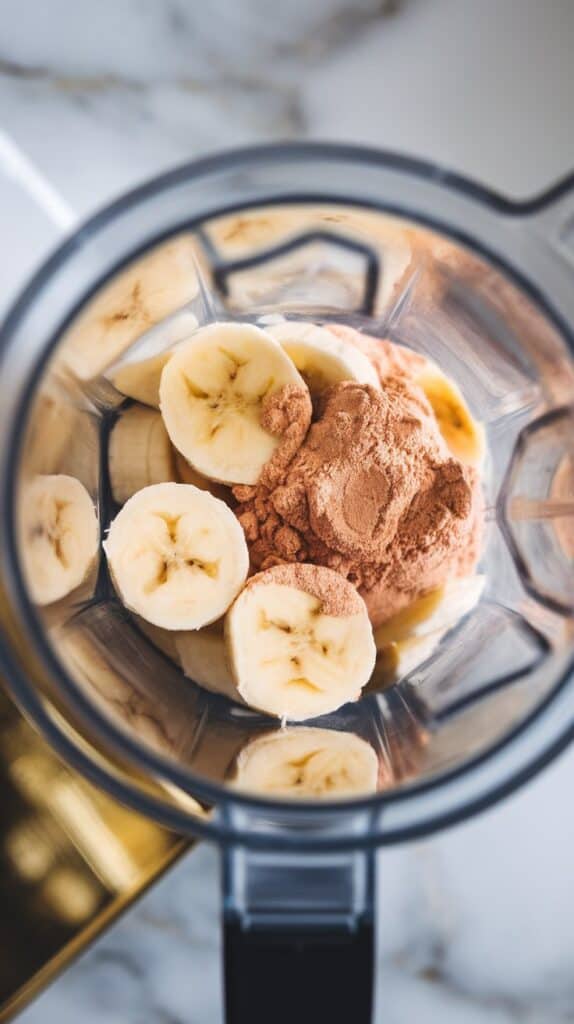 frozen banana slices and protein powder in a blender cup, the powder sitting lightly on top of the fruit