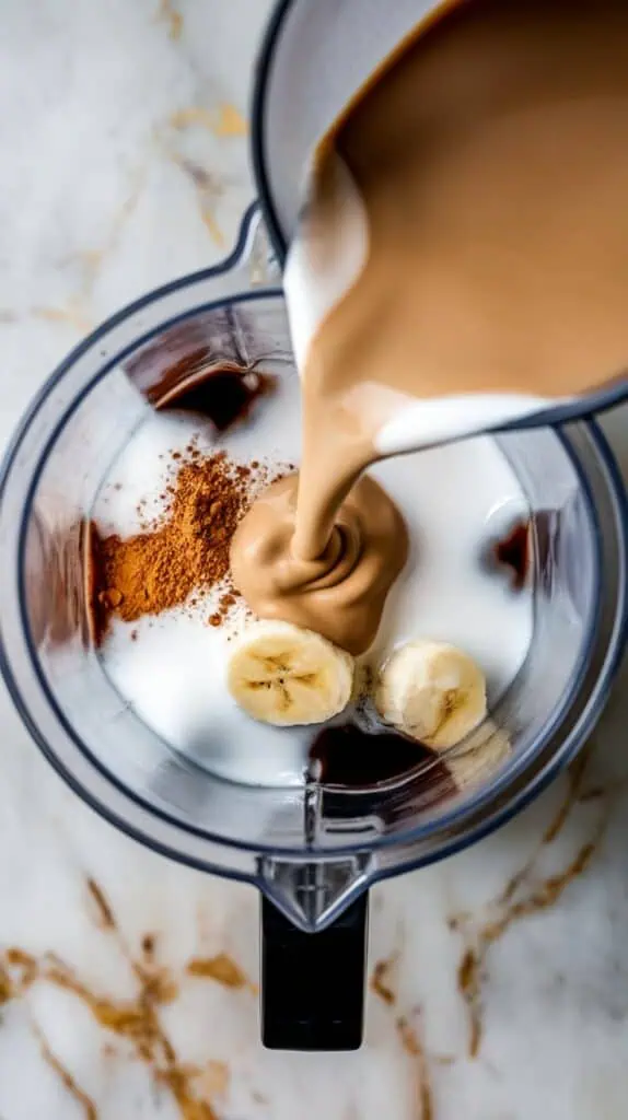 cold coffee and milk being poured into the blender over the banana and powder.