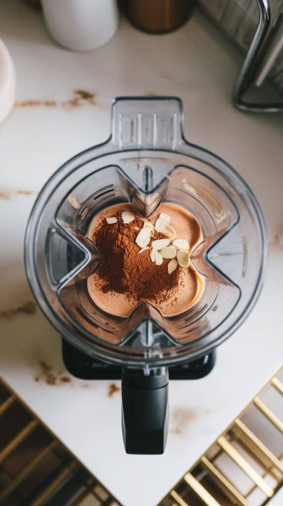  cocoa powder, almond butter, and vanilla extract sitting on top of the smoothie base in the blender