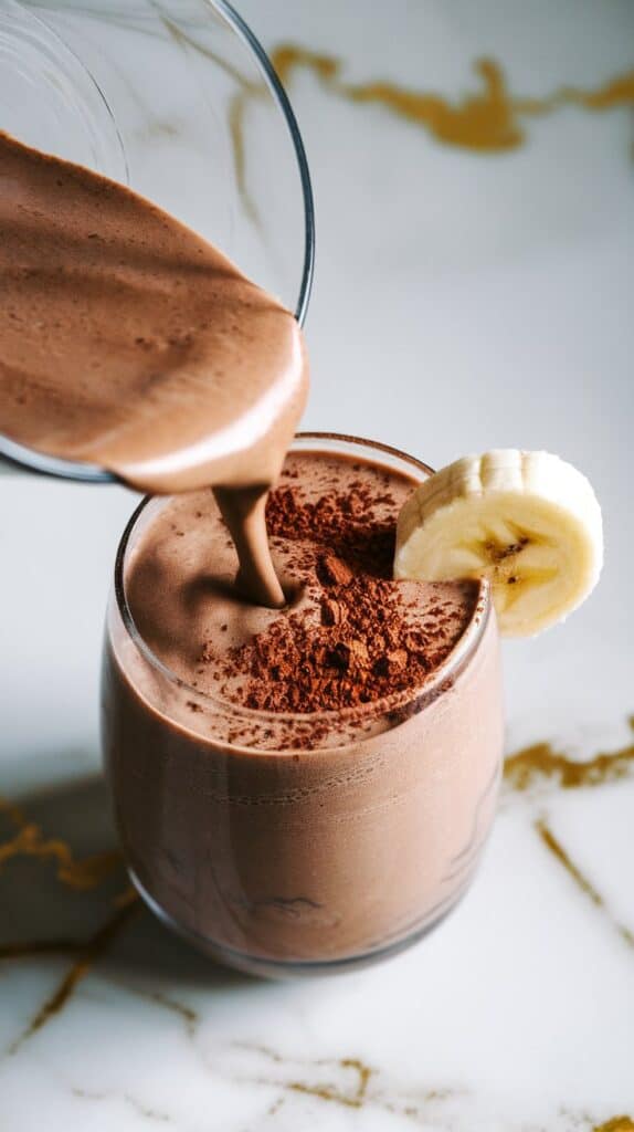  thick mocha banana smoothie being poured into a glass, with cocoa powder dusted on top and a banana slice on the rim
