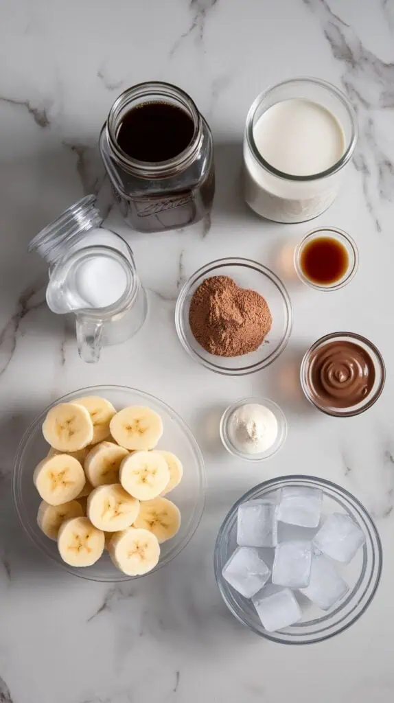  ingredients for mocha banana protein smoothie: frozen banana slices on a small clear plate, cold brewed coffee in a clear glass jar, milk in a second clear glass jar, chocolate protein powder on a small clear plate, cocoa powder in a tiny clear dish, almond butter on a small clear plate, vanilla extract on a tiny clear plate, and clear ice cubes in a shallow clear dish.