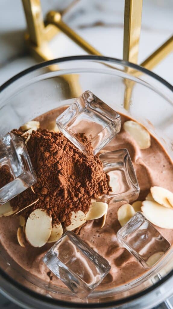 clear ice cubes resting on top of all smoothie ingredients just before blending