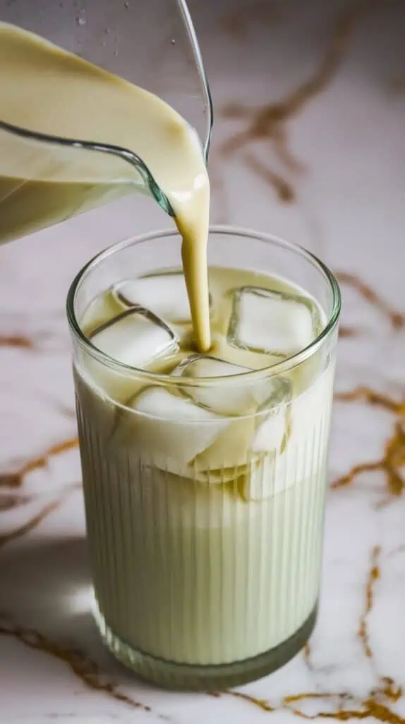 pandan coconut milk tea being poured into a tall glass with clear ice cubes, soft pale green color filling the glass.