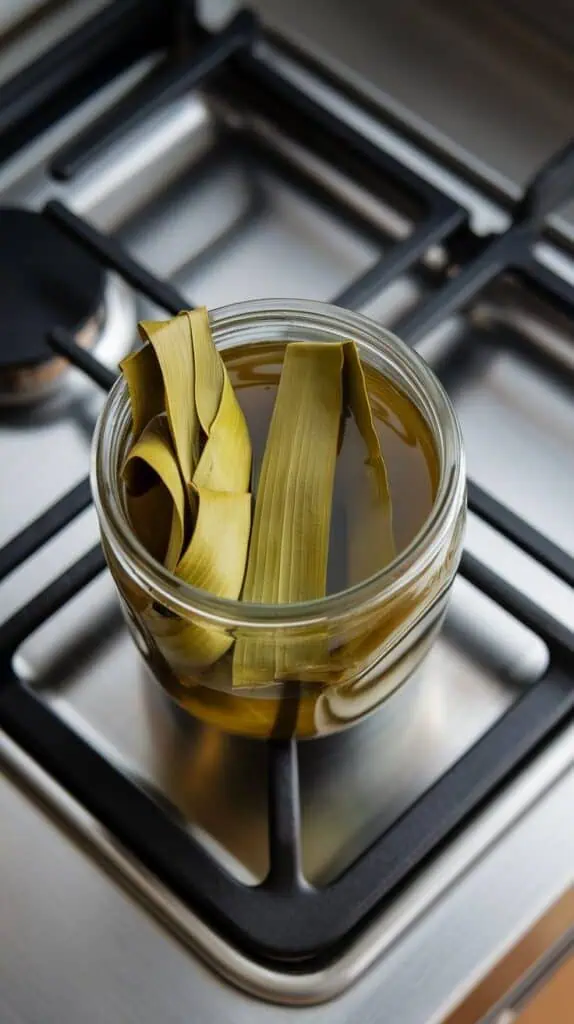 pandan leaves steeping in hot green tea inside a clear glass jar, the leaves slightly unrolling as the tea turns golden green