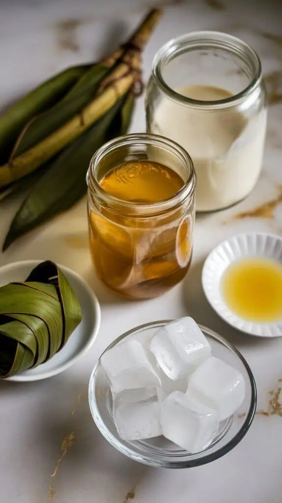  a clear glass filled with pale green pandan coconut milk tea, ice cubes floating at the top, and light creamy swirls throughout