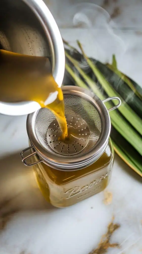 green pandan tea being poured through a strainer into a clear jar, with pandan leaves resting on the side and steam fading