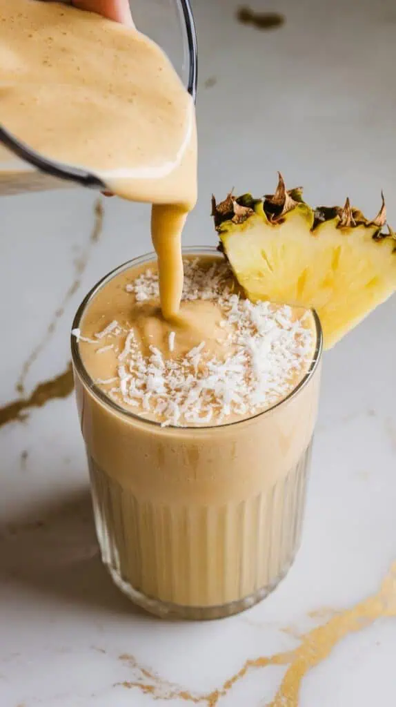  the creamy smoothie being poured into a tall glass, topped with shredded coconut and a pineapple wedge