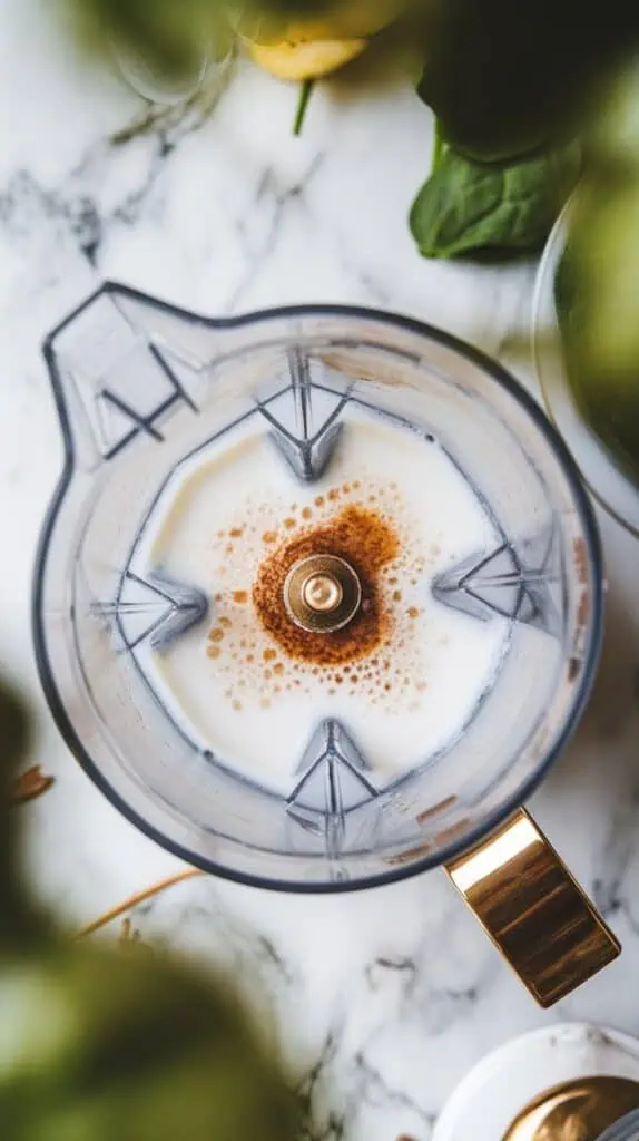 coconut milk being poured into the blender with vanilla extract already added, surrounding the other ingredients