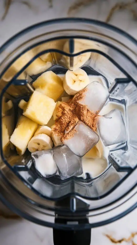 clear ice cubes placed on top of all the ingredients inside the blender just before blending