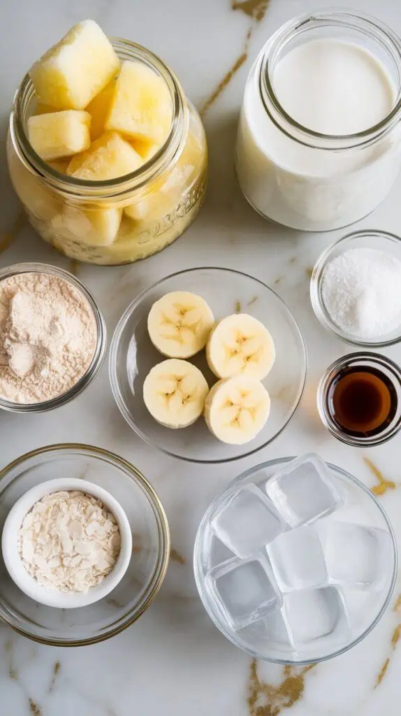  ingredients for pineapple coconut protein shake: frozen pineapple chunks in a clear glass jar, coconut milk in a second clear glass jar, banana slices on a small clear plate, vanilla protein powder on a small clear plate, shredded coconut in a tiny clear dish, vanilla extract on a small clear plate, and clear ice cubes in a shallow clear dish.