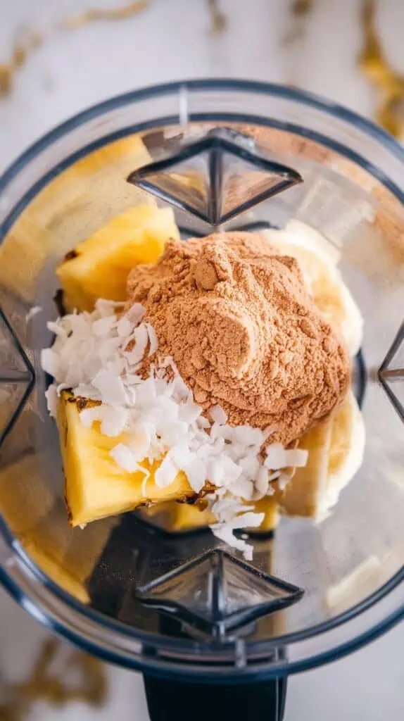 vanilla protein powder and shredded coconut resting on top of fruit inside a blender