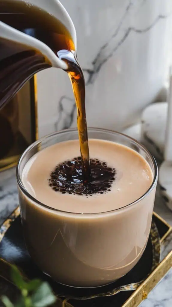 dark tea being poured into the creamy sesame milk, mixing into a smooth light grey color.