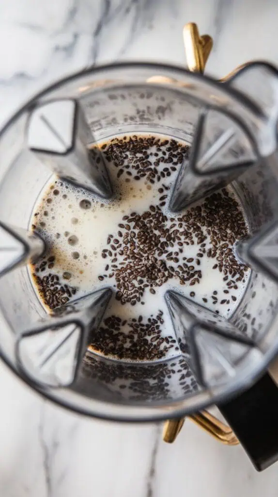 blended black sesame and milk in a blender cup, turning into a smooth greyish mixture with tiny specks