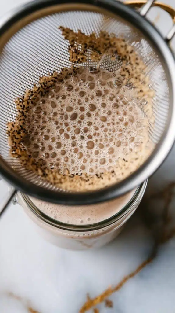 grey sesame milk being strained into a clear jar, fine grains left behind in the strainer