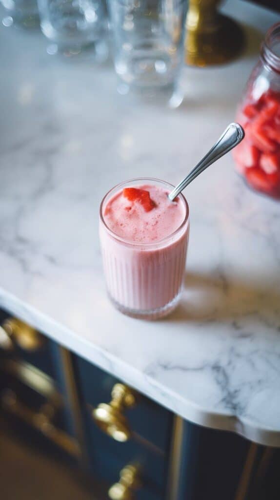 milk being stirred into bright pink strawberry purée, forming a soft pink creamy drink.