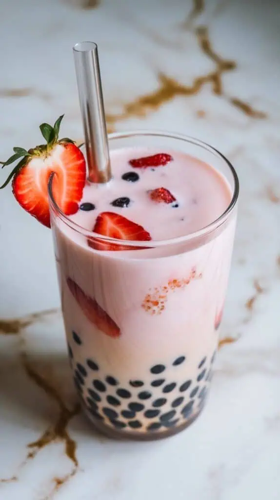 tall clear glass filled with pale pink strawberry milk bubble tea, black tapioca pearls at the bottom, fresh strawberry slices visible on the sides, and a fat straw in the glass