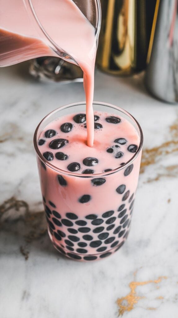 black tapioca pearls layered at the bottom of a clear glass, with ice cubes and pink strawberry milk being poured over them