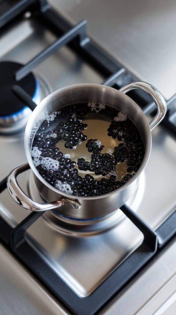 black tapioca pearls boiling in a small pot of water, some floating to the surface