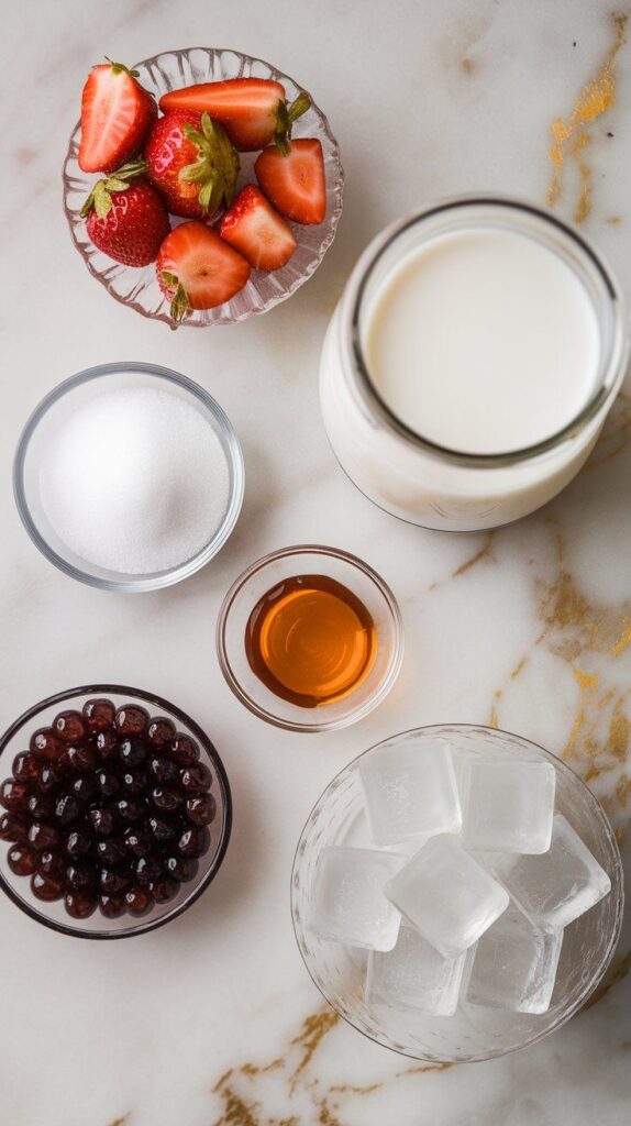 ingredients for strawberry milk bubble tea: diced fresh strawberries in a small clear bowl, sugar on a small white plate, milk in a clear glass jar, cooked black tapioca pearls in a shallow clear dish, honey on a small white plate, and clear ice cubes in a shallow clear glass dish