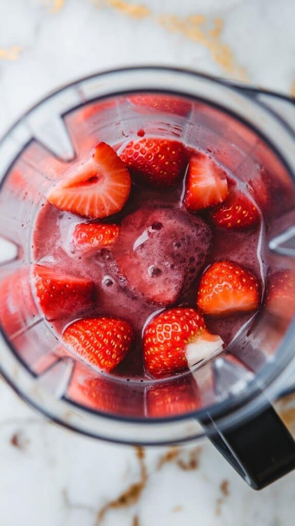 blended strawberries in a small blender cup, bright pink and slightly thick with small strawberry bits